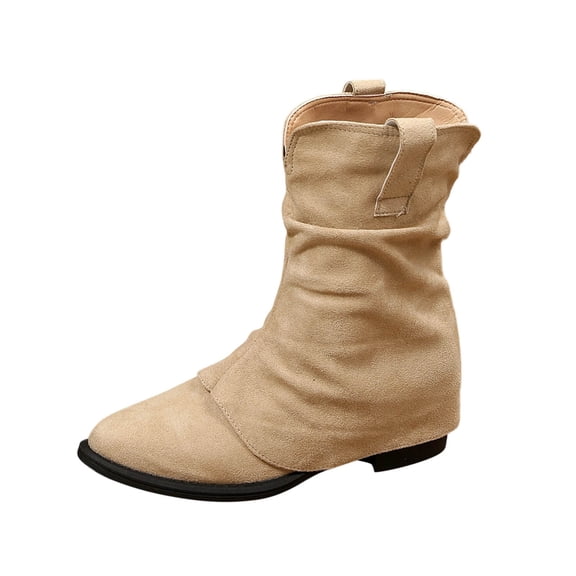 Khaki Women'S Mid Calf Boots Pointed Toe Slouch Design Low Block Heel Easy Slip On Soft Leg Comfortable For Winter Daily Wear Relaxed Walking Footwear Size 36