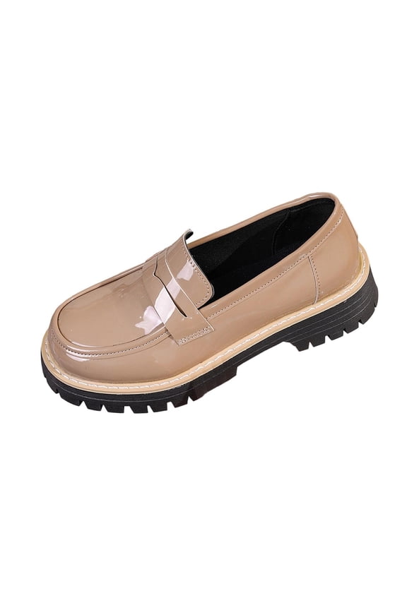 Khaki Women'S Mid Heel Shoes Casual Pu Loafers Round Toe Block Heel Platform Shoes For Indoor Outdoor Use Size 38 Eu 4.5 Uk 6.5 Us Foot Length 9.45 Inches Weight 1.22 Lb