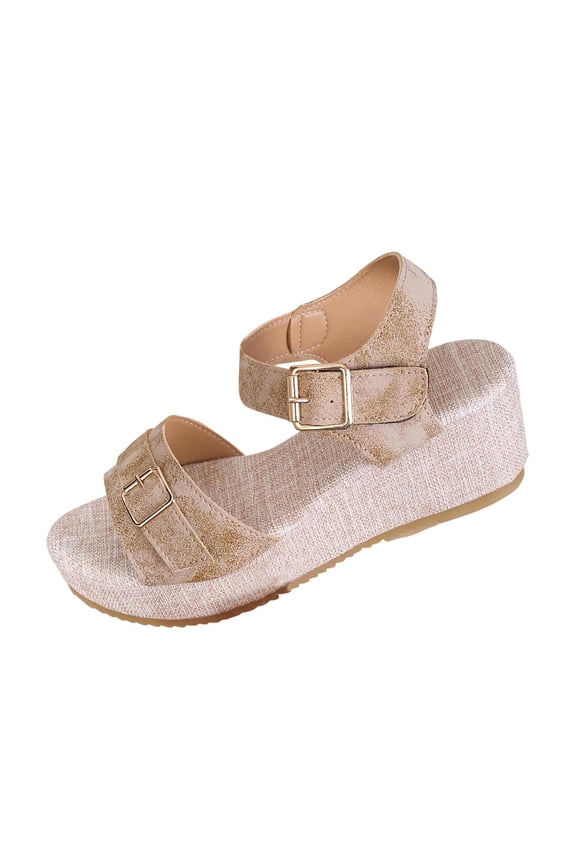 Khaki Women'S Sandals Peep Toe Wedge With Adjustable Metal Buckle Strap Soft Cushioned Insole Textured Outsole Breathable Faux Upper Supportive For Beach Daily