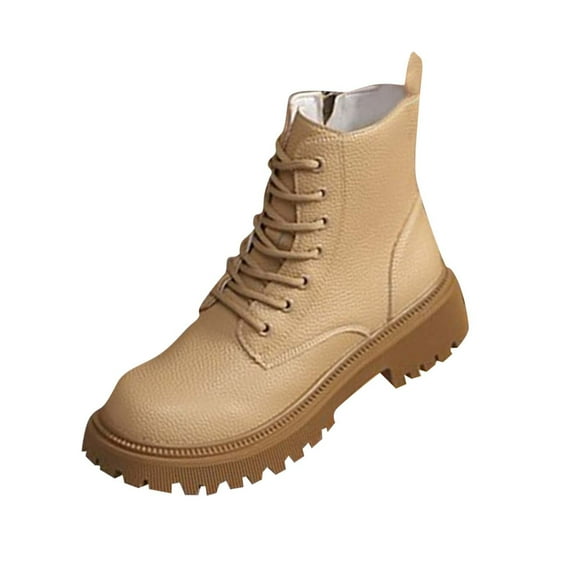 Khaki Women'S Soft Tone Lace-Up Boots, Thick Sole For Stability, Mid-Calf Boots For Cool Days
