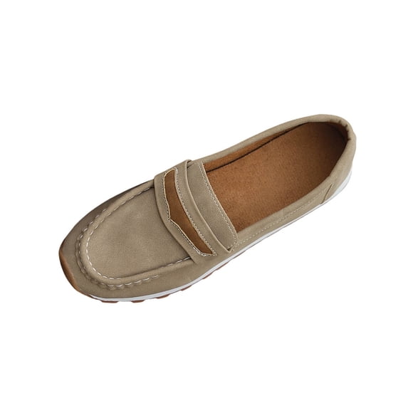 Khaki Women'S Versatile Loafers With A Two-Tone Design, Round Toe, Flat Sole, Perfect For A Understated Yet Chic Shoe