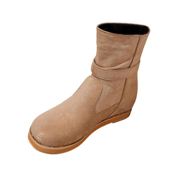 Khaki Women'S Winter Footwear With Trouser Leg Pleated Design Pointed Toe Low Heel Thick Heel For Outdoor