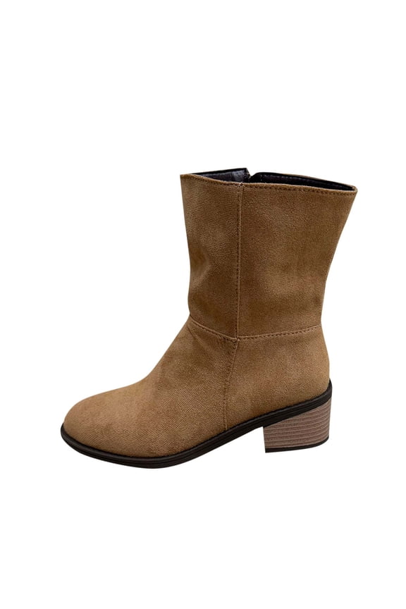 Khaki Women Side Zipper Suede Boots Thin Chunky Heel Comfortable Walking Shoes For Fall Winter Outing Durable Material