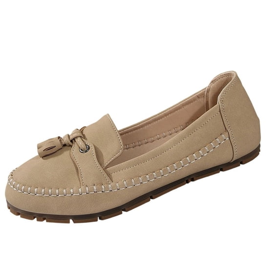Khaki Women Tassel Accent Soft Sole Flat Loafers Slip On Design For Everyday Comfortable Wear