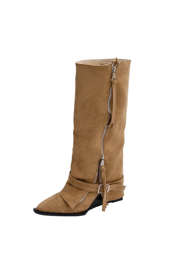 Khaki Women Winter Boots Pointed Toe Furry Belt Buckle Zipper High Top Fashionable Retro Comfortable Bootie