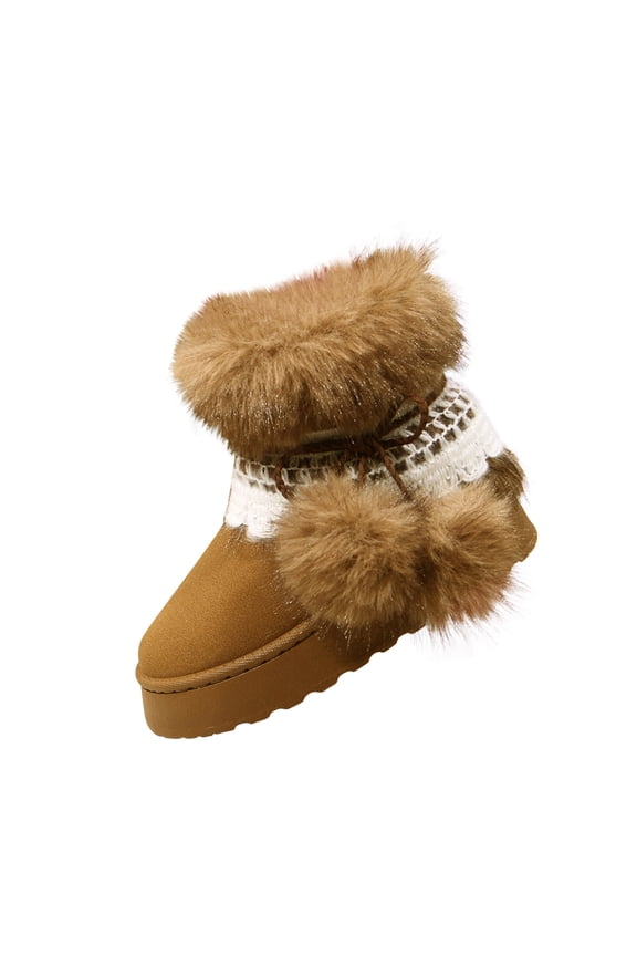 Khaki Women Winter Snow Boots Round Toe Furry Warm Ball Pendant Mid Calf Sponge Bottom Comfortable Outdoor Bootie