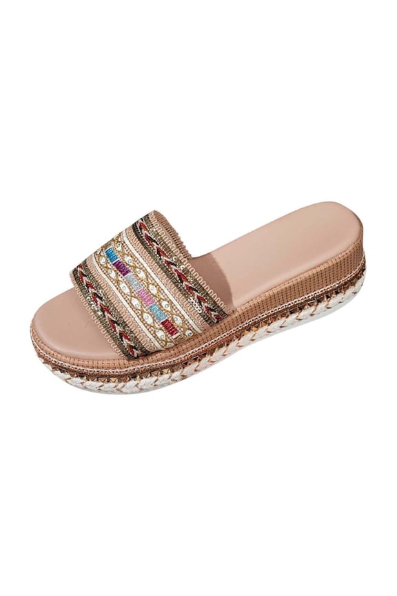 Khaki Women Woven Circular Toe Platform Slippers For Spring Summer Occasions And Casual Style With Easy Styling