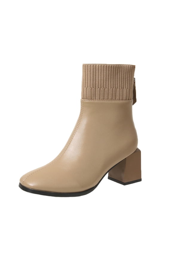 Khaki Womens Ankle Boots Square Toe Back Zipper Chunky Heel Mid Heel Spliced Design Casual Winter Outdoor Short Boots For Women Daily Wear Size 35