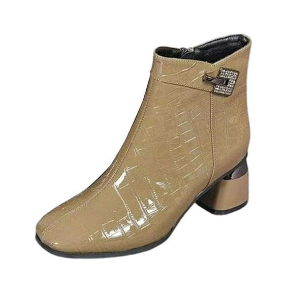 Khaki Womens Boots Patent Leather Short Ankle Boots Square Toe Chunky Heel Fashion Casual Lace-Up Combat Boots 1.30Lb