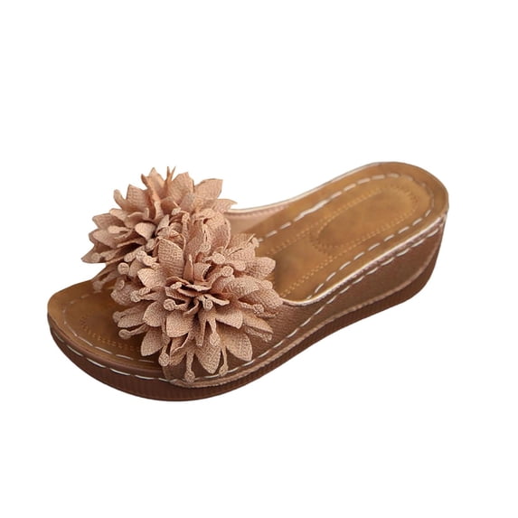 Khaki Womens Casual Slippers Featuring Floral Accents A Peep Toe And A Thick Platform Wedge Heel For Support