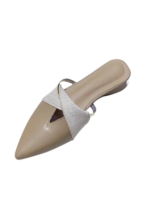 Khaki Womens Casual Solid Color Pointed Toe Outer Wear Thick Heel Half Slippers For Outdoor And Indoor Use Comfortable One Pair Shoes Pu Material Size 40