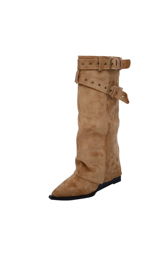 Khaki Womens Casual Winter Knee High Boots Pointed Toe Chunky Low Heel Fashionable Comfortable Solid Color Straight Leg Trousers Boots