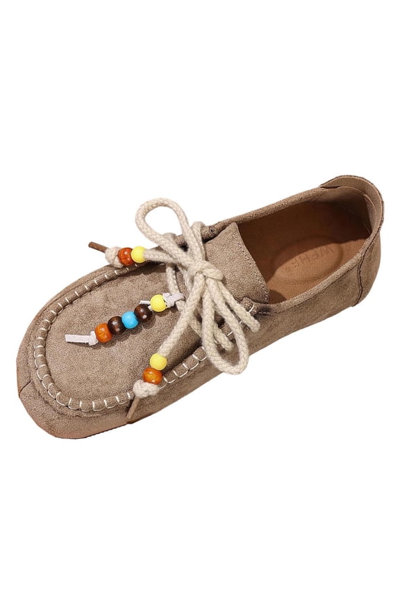 Khaki Womens Ethnic Style Moccasin Slippers Flat Shoes Beaded Rope Lacing Soft Upper Casual Outdoor Indoor Wear Size 9