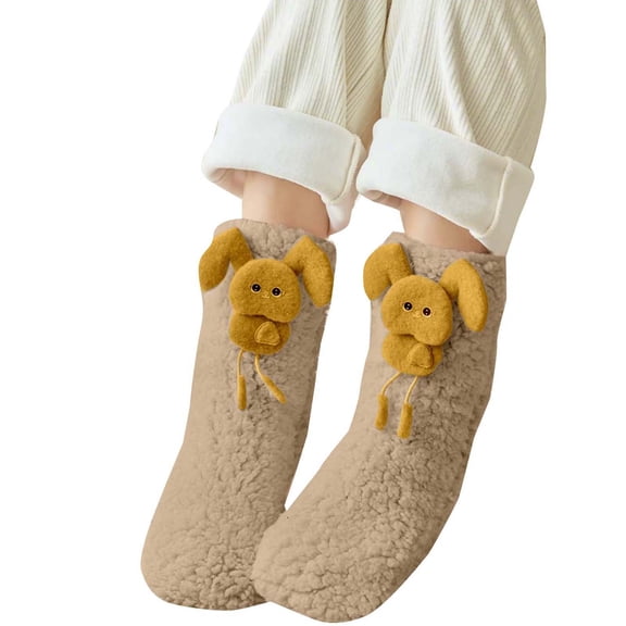 Khaki Womens Fashion Lamb Fleece Floor Socks With Non Slip Silicone And Cartoon Design In Khaki Free Size Length 14.96 Inches Wide 5.12 Inches Nylon Spandex Material