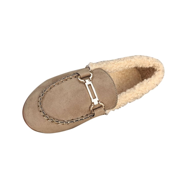 Khaki Womens Moccasins With Round Toe Closed Toe Slip On Warm Plush Lining Solid Color For Casual Winter Indoor Outdoor Wear Size 42
