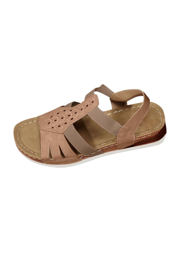 Khaki Womens Neutral Footwear, Desert Tone Hollow Round Head Open Toe Elastic Wedge Heel Sandals