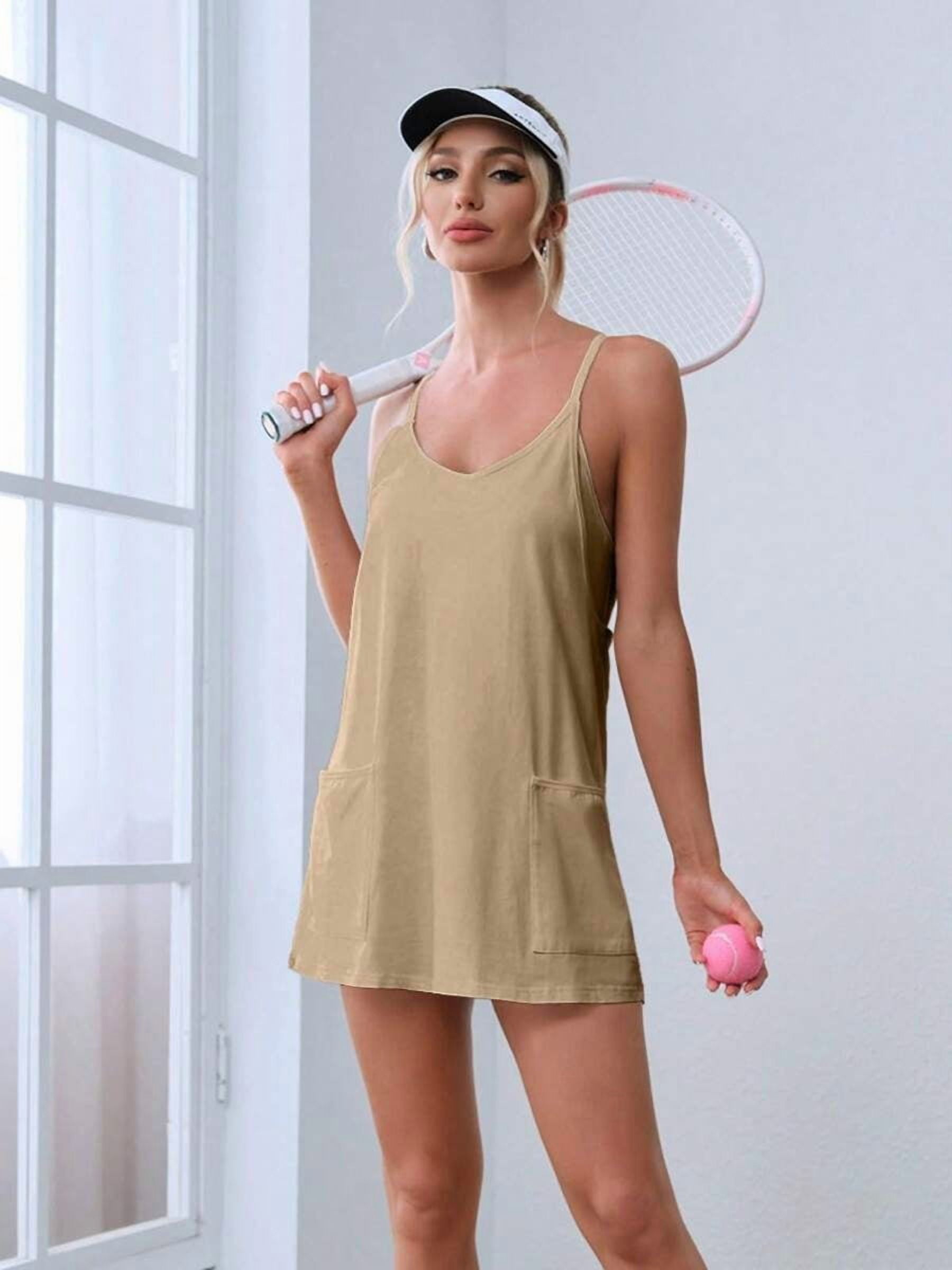 Khaki Womens Sleeveless Athletic Tennis Mini Dress With Pockets For Workout And Summer