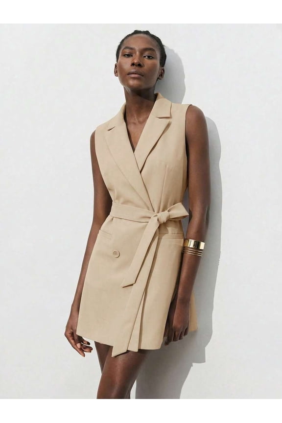 Khaki Womens Sleeveless Wrap Blazer Dress With Belt, Modern Tuxedo-Style Mini Dress For Office Or Evening