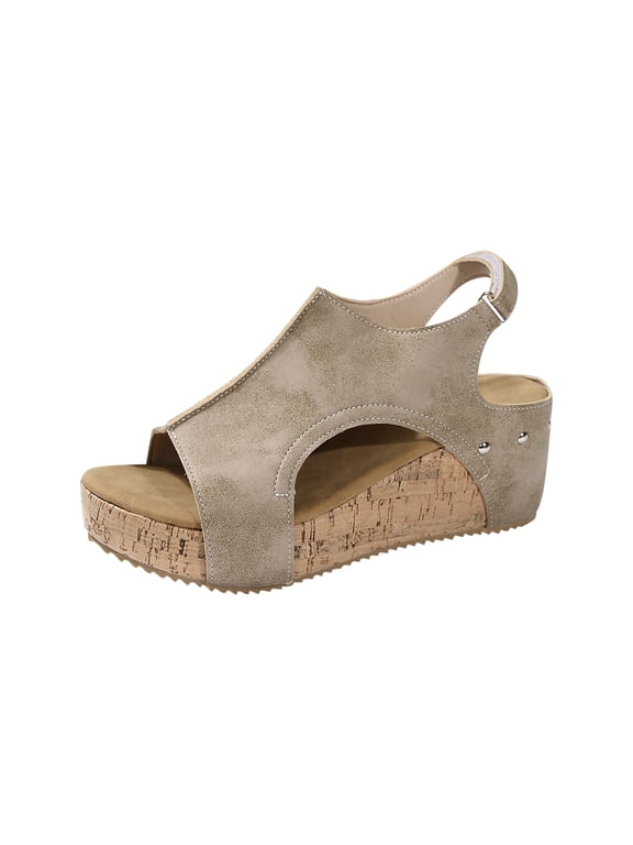Khaki Womens Wedge Sandals Round Open Toe One Strap Buckle Thick Bottom Spring Summer Comfortable Breathable Lightweight Slip On Walking Size 40