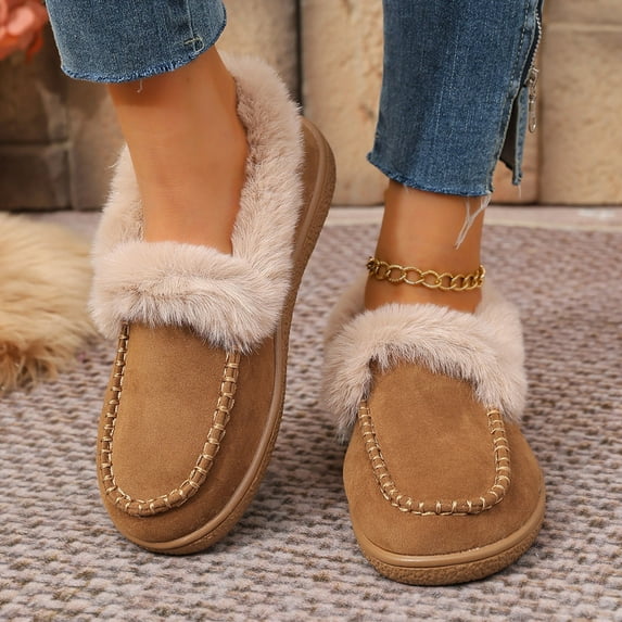 Khaki Womens Winter Cotton Shoes Moccasin Style Solid Color Round Toe Fleece Lined Slip On Frayed Collar Warm Soft Lightweight Casual Footwear Size 36