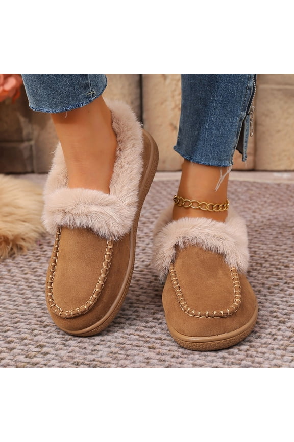 Khaki Womens Winter Cotton Shoes Moccasin Style Solid Color Round Toe Fleece Lined Slip On Frayed Collar Warm Soft Lightweight Casual Footwear Size 40