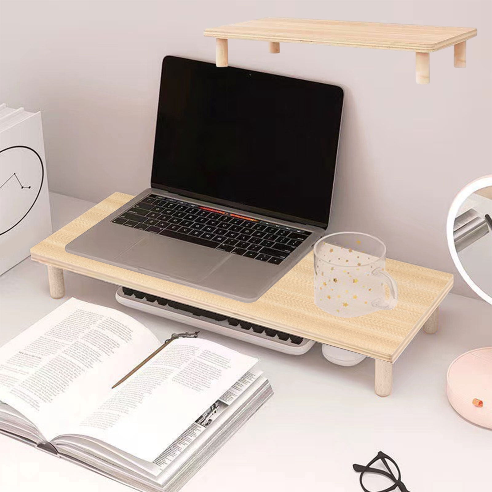 Under Riser Storage Khaki Wooden Monitor Stand, Height-Adjustable Ergonomic Desktop Riser ...
