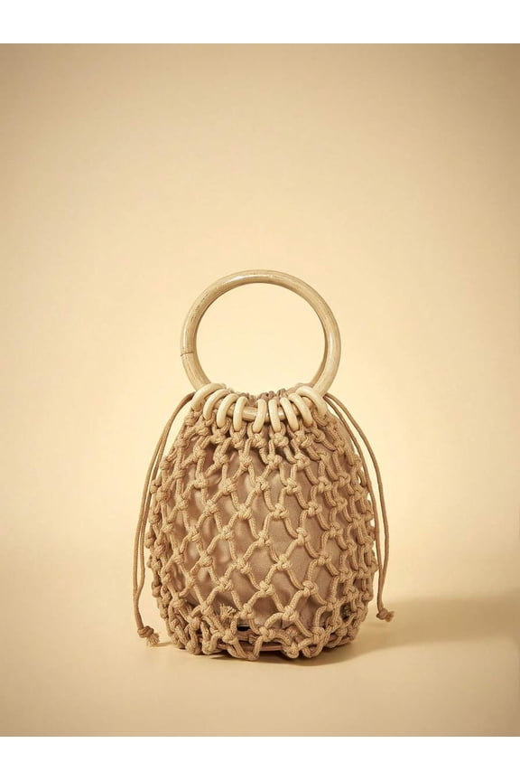 Khaki Woven Net Tote Bag With Bamboo Ring Handle Bucket Style