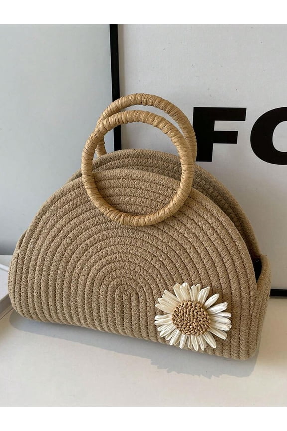 Khaki Woven Semi-Circular Tote Bag with Ring Handles and Daisy