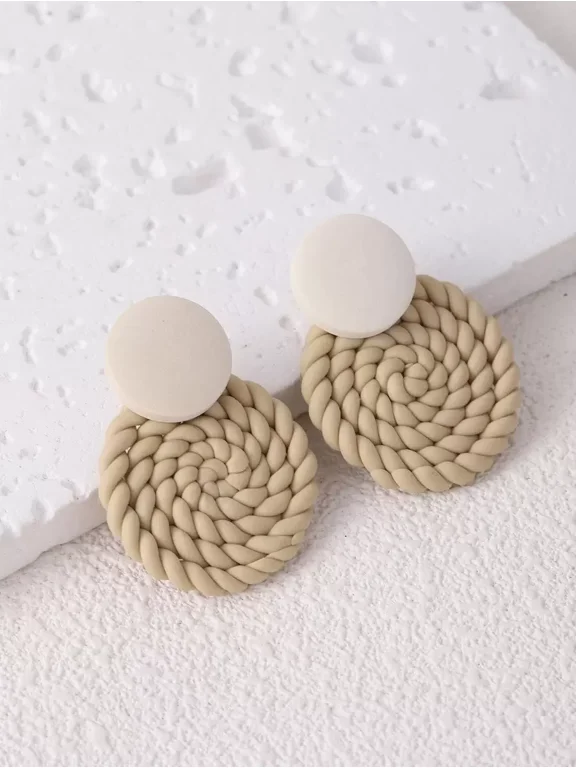 Khaki Woven Spiral Stud Earrings With Cream Disc Top