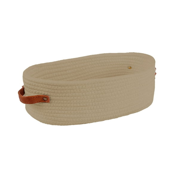 Khaki Woven Storage Basket Cotton Rope Decorative Organizer With Leather Handle Oval Shape For Bathroom Living Room Countertop Toilet Paper Holder 1299X591X394In Size