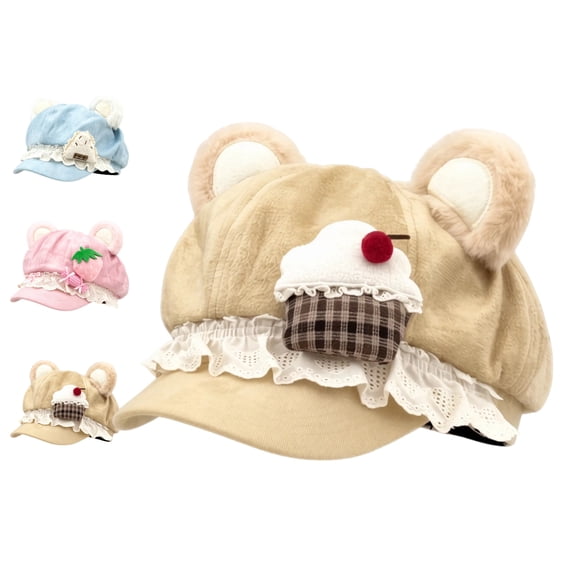 Khaki Y2K Kawaii Beret Hat,Sweet Bear Ear Cutecore Hat Cake Details with Lace Accents,Cap Sweet Suede Newsboy for Kawaii Outfits and Party