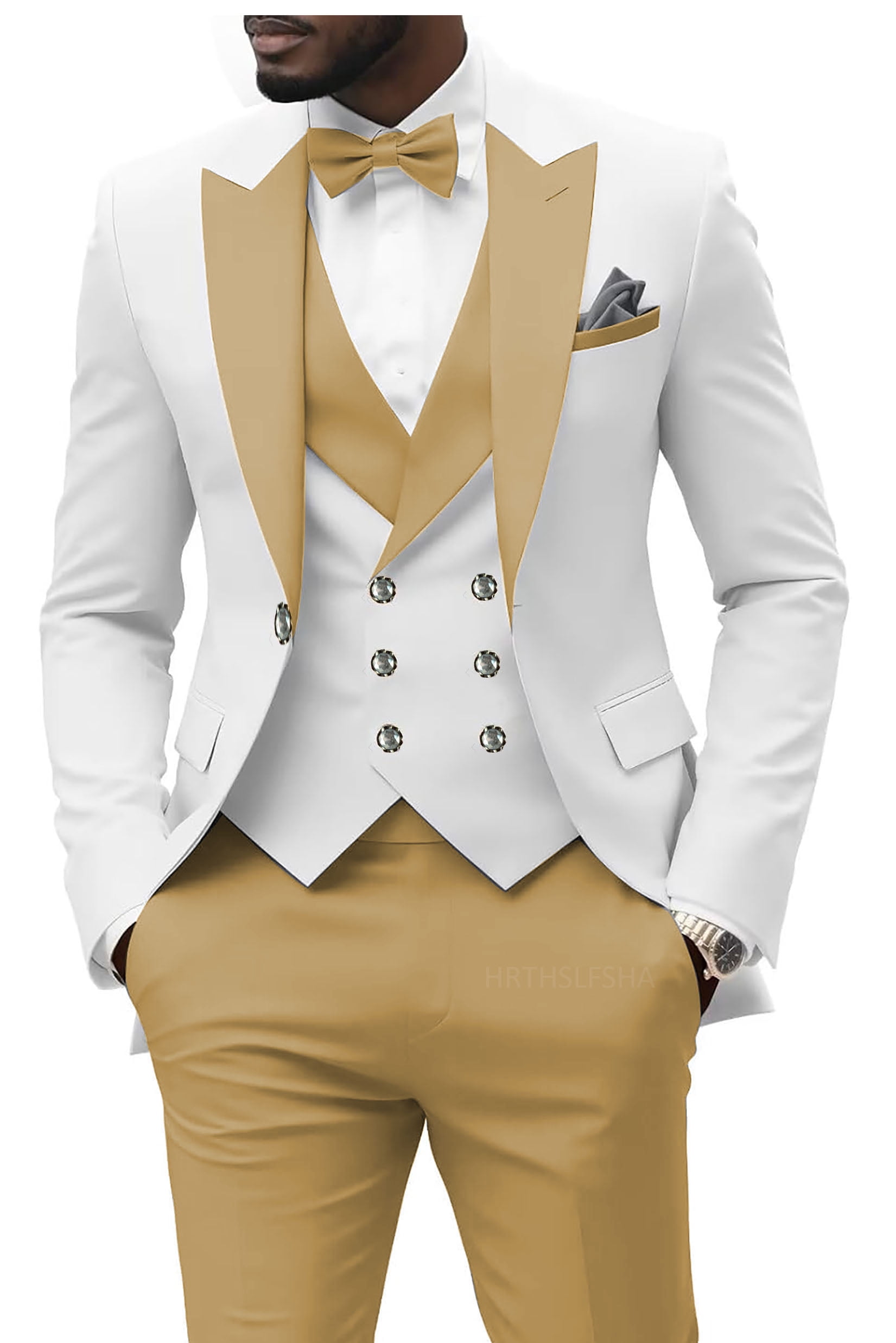 Khaki and White Tuxedos for Men 3 Piece Double Breasted Wedding Groom Khaki and White Tuxedos for Men 3 Piece Double Breasted Wedding Groom