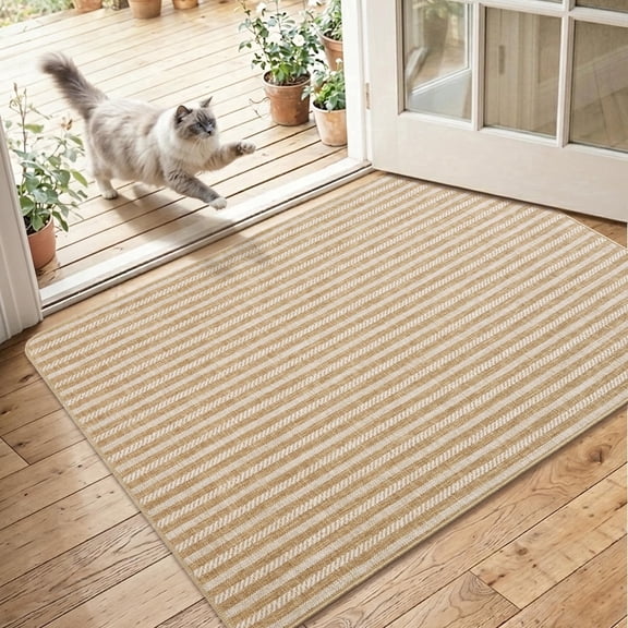 MatEssenz Washable Door Mat 2x3 ft, Inside Welcome Mat, Low Profile Entryway Rug, Neutral Striped Faux Linen, Non-Slip Mudroom & Back Door Mat, Pet Friendly, Khaki