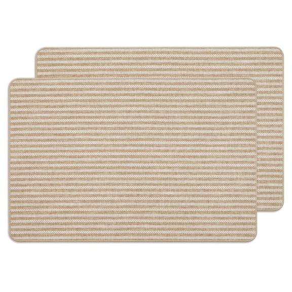 MatEssenz 2-Pack Washable Inside Door Mats 2x3 ft, Low Profile Entryway Rug Set, Scandinavian Striped Woven Faux Linen, Non-Slip Mudroom & Kitchen Mat, Apartment Essentials, Khaki