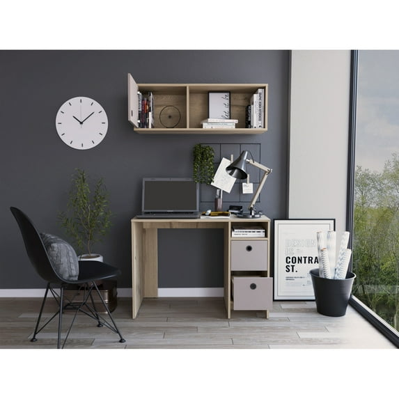 Khali Home Office Set Light Oak / Taupe Desk with Wall Cabinet