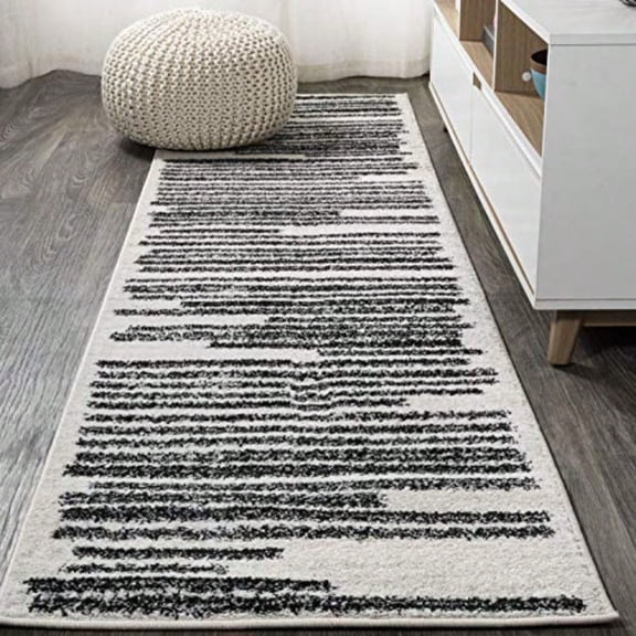 Khalil Modern Berber Stripe Cream Black Runner Rug 2x8 Contemporary Bohemian EasyCleaning For Living Room Bedroom Kitchen Pet Friendly NonShedding MOH207A28