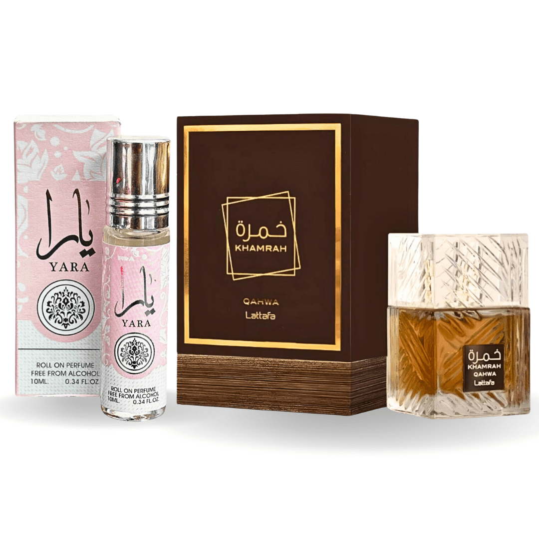Khamrah Qahwa EDP 100ML by Lattafa & Yara Roll-On Perfume Oil CPO 10ML by Ard Al Zaafaran. (BUNDLE)