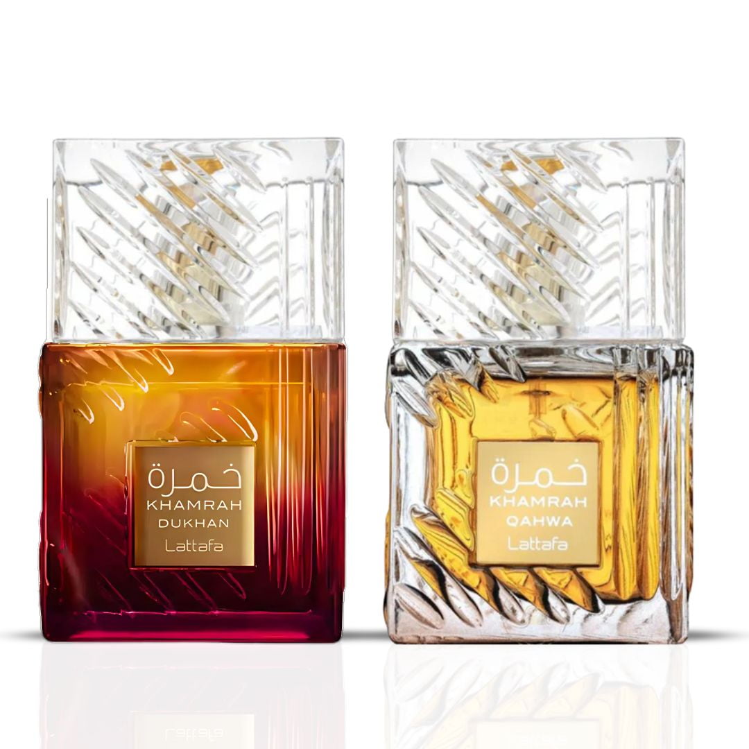 Khamrah Qahwa & Khamrah Dukhan Eau De Parfum Sprays 100ML (3.4 OZ) by Lattafa | Double the Depth, Double the Desire&mdash;Fiery, Gourmand, Unforgettable. (Bundle)