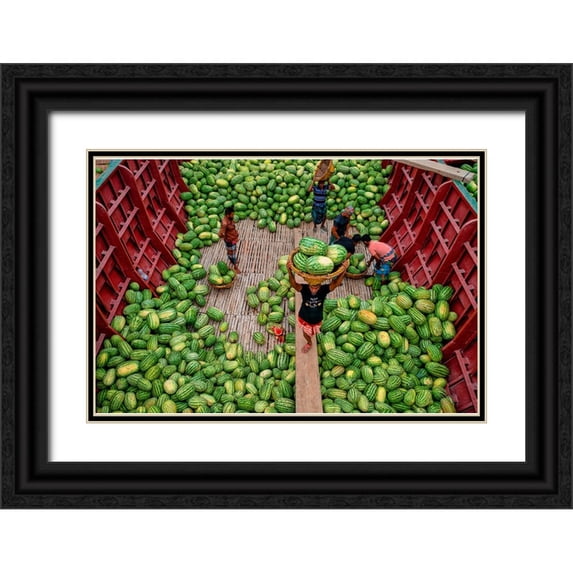 Khan Ronnie, Azim 18x13 Black Ornate Wood Framed with Double Matting Museum Art Print Titled - Unloading Watermelons