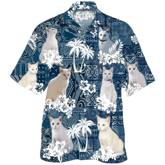 Khao Manee Hawaiian Shirt For Man And Woman, White Cat Hawaii Beach Shirts, Hawaiian Shirt