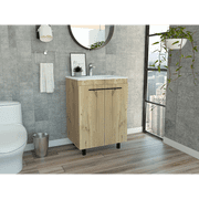 Khari 24 Floor Cabinet Double Door Two Shelves - Light Oak Beige Particle Board Freestanding Vanity for Bathroom Living Room