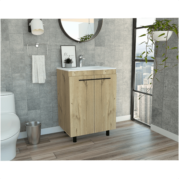 24 Inch Light Oak Floor Cabinet with Double Doors and Two Shelves, Freestanding Bathroom Vanity Base for Sink