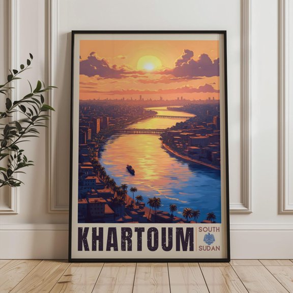 Khartoum South Sudan Travel Poster Sunset Cityscape Art Print Nile River View