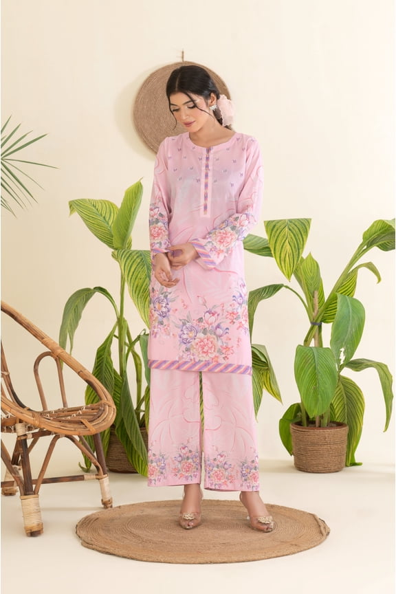 2PC Stitched Printed Silk Indian Suit, Shirt and Trouser, Medium Size, Pink - 209