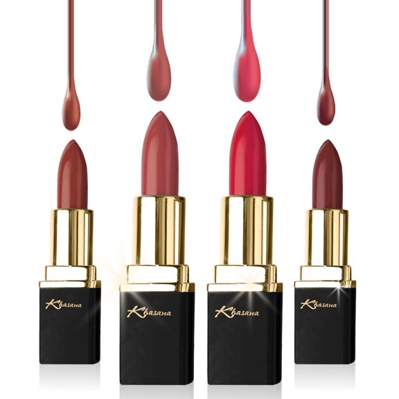 Khasana Lipstick Set. Long Lasting Lip color, 4 Piece Gift Set. Moisturizing Formula, Infused with Vitamin E and Vitamin C. Multi Finish Lip Makeup, Cream Gloss & Matte. Pack of 4.