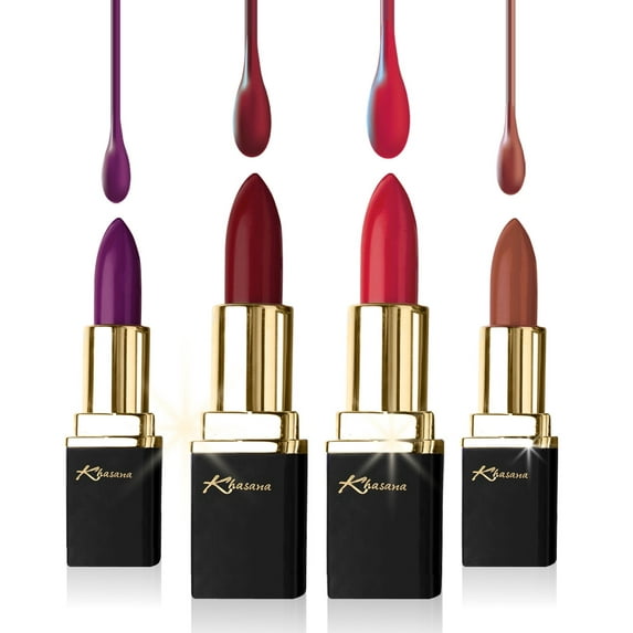 Khasana Lipstick Set. Long Lasting Lip color, 4 Piece Gift Set. Moisturizing Formula, Infused with Vitamin E and Vitamin C. Multi Finish Lip Makeup, Cream Gloss & Matte. Pack of 4.