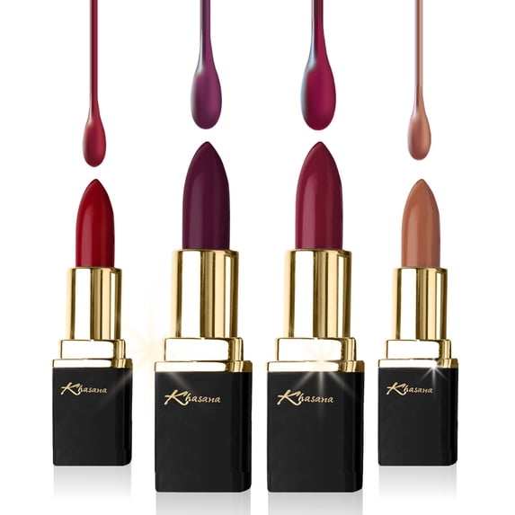 Khasana Lipstick Set. Long Lasting Lip color, 4 Piece Gift Set. Moisturizing Formula, Infused with Vitamin E and Vitamin C. Multi Finish Lip Makeup, Cream Gloss & Matte. Pack of 4.