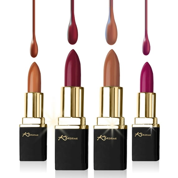 Khasana Lipstick Set. Long Lasting Lip color, 4 Piece Gift Set. Moisturizing Formula, Infused with Vitamin E and Vitamin C. Multi Finish Lip Makeup, Cream Gloss & Matte. Pack of 4.