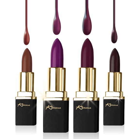 Khasana Lipstick Set. Long Lasting Lip color, 4 Piece Gift Set. Moisturizing Formula, Infused with Vitamin E and Vitamin C. Multi Finish Lip Makeup, Cream Gloss & Matte. Pack of 4.