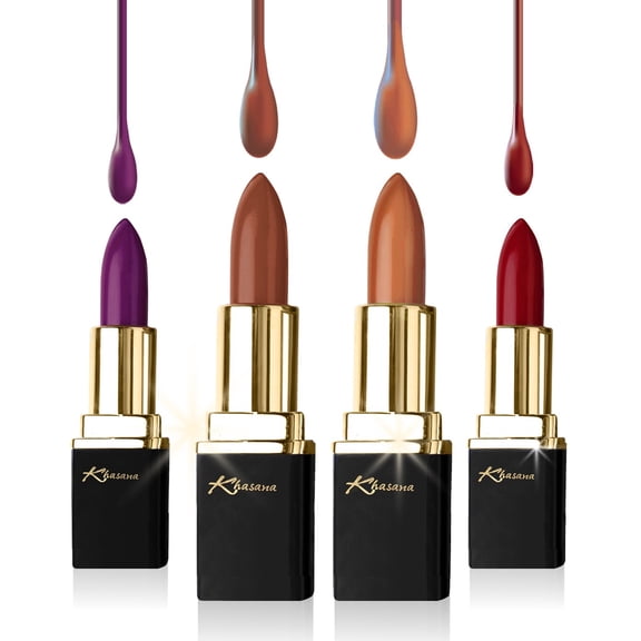 Khasana Lipstick Set. Long Lasting Lip color, 4 Piece Gift Set. Moisturizing Formula, Infused with Vitamin E and Vitamin C. Multi Finish Lip Makeup, Cream Gloss & Matte. Pack of 4.